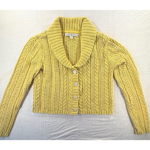 Tommy Hilfiger Mustard Yellow Cable Knit Cropped Sweater Size Medium - Picture 4 of 6